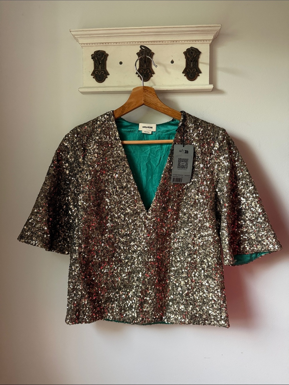 Zadig & Voltaire Tatyne Sequins Bronze Small V Neck Short Sleeve Evening